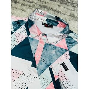 Yatta Golf Polo Shirt Mens Medium Pink Teal Geometric Performance Short Sleeve